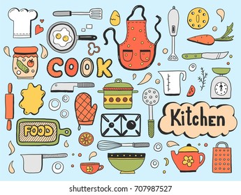 Set of hand drawn doodle with cooking ingredient, food, bakery and kitchen utensils elements. Vector illustration for icon, restaurant menu, recipe book template. Cartoon sketch style.