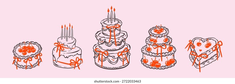 Conjunto de pasteles de cumpleaños dibujados a mano de crayón doodle con arcos rosados lindos, decoración de cerezas, glaseado. Despedida de soltera, día de San Valentín, boda vintage caprichoso pastel de coqueta. Postre de corazón de crema femenina