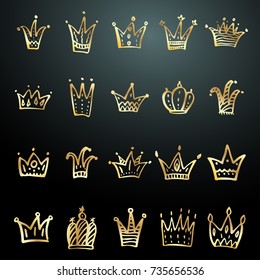 Set of hand drawn doodle crowns. Brush painted simple textured symbols. Cute and stylish design elements collection.