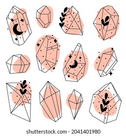 Set of hand drawn doodle crystals. Stones, diamonds and crystals . Gem stones vector set. Icons collection with gemstones, minerals.