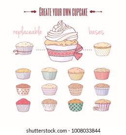 Set of hand drawn doodle cupcakes with replaceable cup bases. Create your own cupcake for bakery design, packaging or cafe menu. Vector illustration.