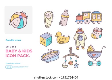 Set of hand drawn doodle cute baby and kids care fill color icons for newborn with toys, food, accessories sign symbol vector illustration