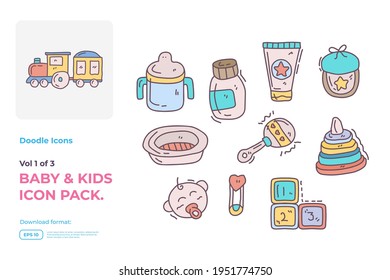 Set de doodle dibujado a mano lindo bebé y niños cuidado relleno iconos de color para recién nacido con juguetes, comida, accesorios símbolo de signo de símbolo vector ilustración