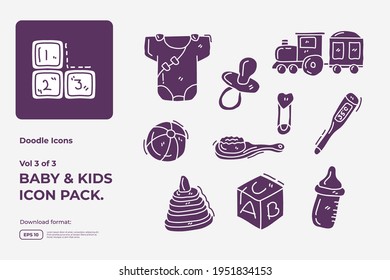 Set of hand drawn doodle cute baby and kids care silhouette glyph solid icons for newborn with toys, food, accessories sign symbol vector illustration