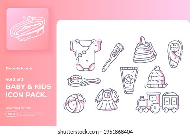 Juego de doodle dibujado a mano lindo bebé y niños cuidado gradiente iconos de la línea de color para recién nacidos con juguetes, comida, accesorios símbolo de señas ilustración vector