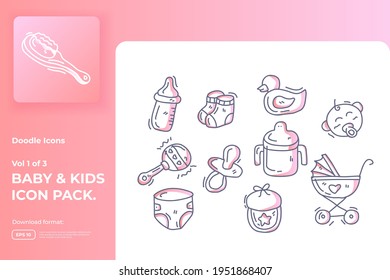 Set of hand drawn doodle cute baby and kids care gradient color line icons for newborn with toys, food, accessories sign symbol vector illustration