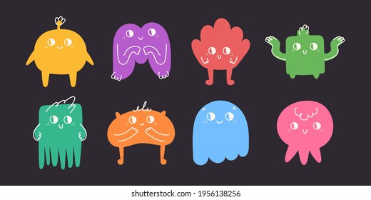Set of hand drawn doodle cute little monsters. Abstract colorful characters. Vector flat illustration on black background