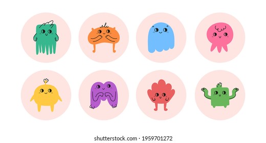 Set of hand drawn doodle cute little monsters icons for stories. Abstract colorful characters with round background. Vector flat illustration
