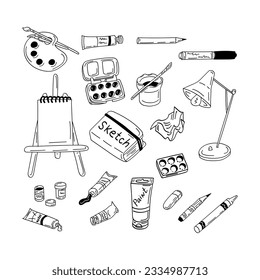 Set of hand drawn doodle cute artist things. Vector isolated outline elements onn white background. Brushes, pencils, paints, sketchbook. Sketch design. Perfect for coloring pages, stickers, tatoo