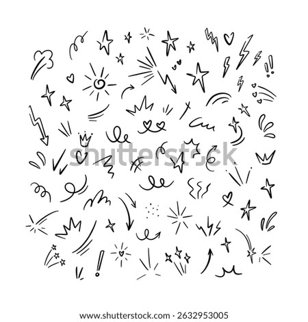 Set of hand drawn doodle cute design elements. Motion, movement, magic effect, heart, star shape. Handwritten sketch vector icons. Firework, burst, glitter, bling crayon playful freehand scribbles