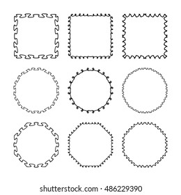 Set of hand drawn, doodle decorative frames and borders. Mono line design templates, isolated on white background