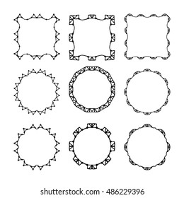 Set of hand drawn, doodle decorative frames and borders. Mono line design templates, isolated on white background