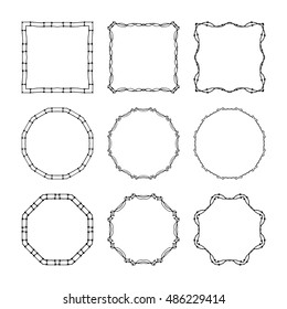 Set of hand drawn, doodle decorative frames and borders. Mono line design templates, isolated on white background