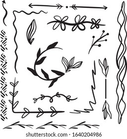 Set of hand drawn doodle design elements. Black arrows, wreath, floral elements