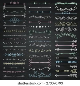 Set of Hand Drawn Doodle Design Elements. Decorative Floral Dividers, Arrows, Swirls, Scrolls. Chalk Drawing Vintage Vector Illustration. Chalkboard Texture.