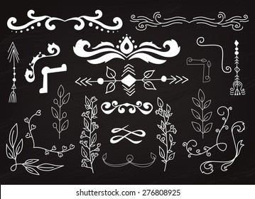 Set of hand drawn doodle design elements. Branches with leaves on black chalkboard