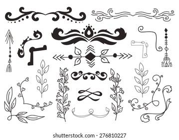 Set of hand drawn doodle design elements. Branches with leaves