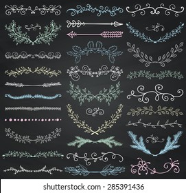 Set of Hand Drawn Doodle Design Elements. Decorative Floral Dividers, Branches, Swirls, Scrolls. Chalk Drawing Vintage Vector Illustration. Chalkboard Texture. Pattern Brushes