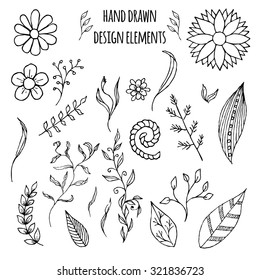 Set of hand drawn doodle design elements. Vector illustration with flowers, branch, laurel wreath and leaves.Floral elements for your design.