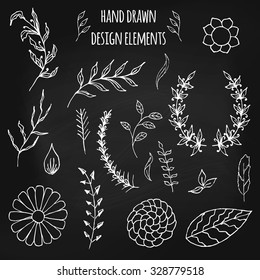 Set of hand drawn doodle design elements. Vector illustration with flowers, branch, laurel wreath and leaves. Floral elements for your design.