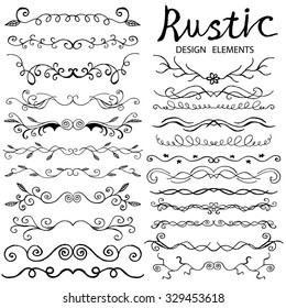 Set of Hand Drawn Doodle Design Elements. Decorative Floral Dividers, Swirls.  Vintage Vector Illustration.
