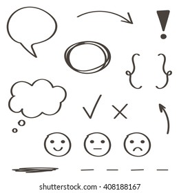 Set of hand drawn, doodle design elements isolated on white background.
