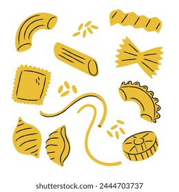 Set with hand drawn doodle different type of Italian pasta. Sketch style vector macaroni collection. Conchiglie, ravioli, spaghetti, ruote, rigatoni, farfalle, penne, gomiti.