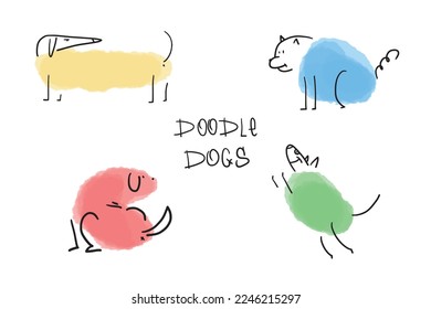 Set of hand drawn doodle dogs. Brush stroke. Watercolor spot. Simple minimalistic line art illustration with a linear dog. Joyful dog, dachshund. Postcard for congratulations. Drawing training for kid