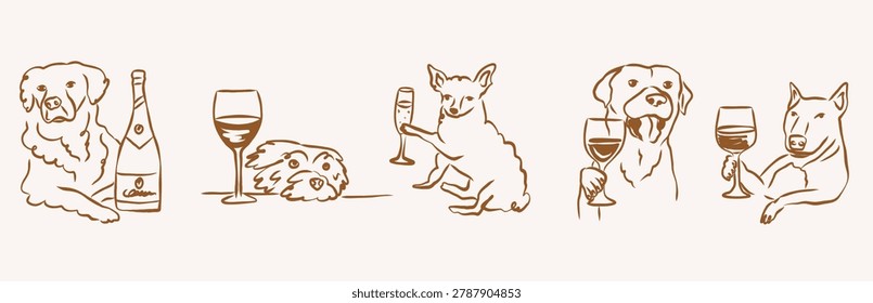 Set of hand drawn doodle dogs with glasses of wine