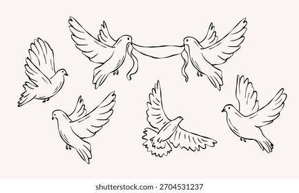Set of hand drawn doodle doves
