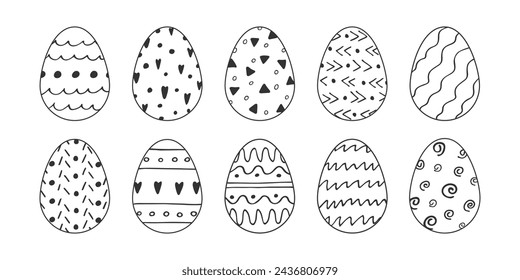 Set of hand Drawn Doodle Easter Eggs. Outline egg collection. Black and white simple illustration. Scribble drawing easter traditional Symbol. Element for Print, banner, poster, card, pattern design
