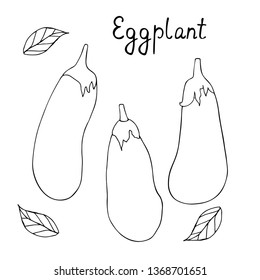 Set with  hand drawn doodle of eggplants. Linear black drawing. 