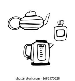  Establecer. Calentador eléctrico con doodle dibujado a mano. Icono de estilo de esbozo. Elemento decorativo. Aislado sobre el fondo blanco Diseño plano. Vector. Para colorear a los niños, imprimir en la ropa, diseñar sitios para cocinar.