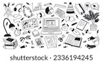 Set hand drawn doodle elements of table working mother. Laptop, notebook, children's toys, graphics, video babysitter. Flat vector illustration on white background
