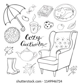 Set of hand drawn doodle elements about autumn. Cozy fall collection of drawings, outline vector drawing. Coloring book