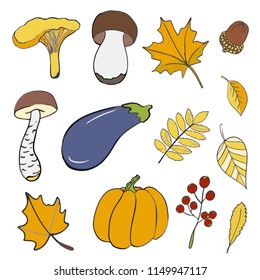Set of hand drawn doodle elements about autumn. Cozy fall collection of drawings, outline vector drawing. Coloring book