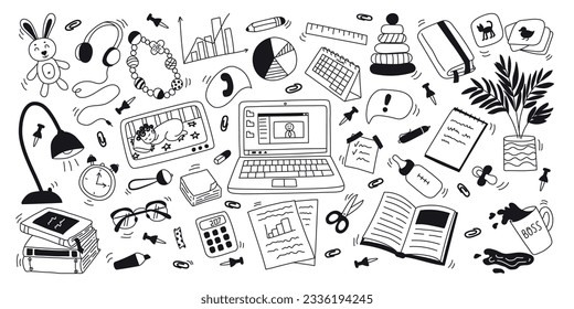 Set hand drawn doodle elements of table working mother. Laptop, notebook, children's toys, graphics, video babysitter. Flat vector illustration on white background