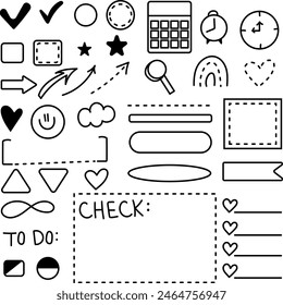 Set of hand drawn doodle elements for planner or school notebooks. Can be used for stationery, bullet journals.