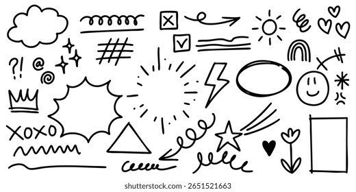 set of hand drawn doodle elements in black ink on a white background. Includes arrows, speech bubbles, stars, hearts, lightning bolt, sun, checkboxes, curly lines, shapes, and decorative symbols.