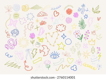 Set of hand drawn doodle elements in stitched brush style including flowers, hearts, stars, leaves, arrows, lightning, eye, bird and abstract shapes. Colorful vector collection suitable for decoration, stickers, social media and creative design