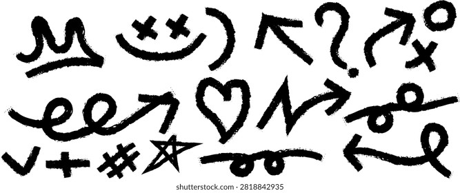 Set of hand drawn doodle elements including arrows hearts stars and various abstract shapes on white background