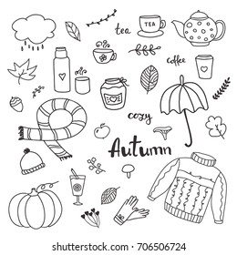 Set Of Hand Drawn Doodle Elements About Autumn. Cozy Fall Collection Of Drawings, Outline Vector Drawing