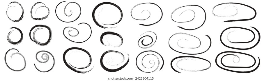 Set of hand drawn doodle ellipses. Scribble ovals and bubbles to circle and highlight text. Collection of different brush drawn black circles. Marker round elements isolated on white background.