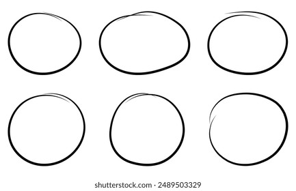 Set of hand drawn doodle ellipses. Scribble ovals and bubbles to circle and highlight text. Collection of different brush drawn black circles. Marker round elements.
Black circle pen draw. Eps 10.