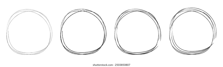 Set of hand drawn doodle ellipses. Scribble ovals and bubbles to circle and highlight text. Collection of different brush drawn black circles. Marker round elements isolated on white background.