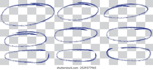 Set of hand drawn doodle ellipses. Scribble ovals and bubbles to circle and highlight text. Collection of different brush drawn black circles. Marker round elements isolated on white background.