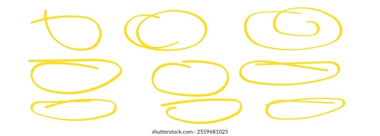 Set of hand drawn doodle ellipses. Scribble ovals and bubbles to circle and highlight text. Collection of different brush drawn black circles. Marker round elements isolated on white background. 333