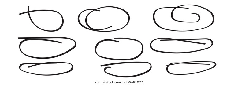 Set of hand drawn doodle ellipses. Scribble ovals and bubbles to circle and highlight text. Collection of different brush drawn black circles. Marker round elements isolated on white background. 333