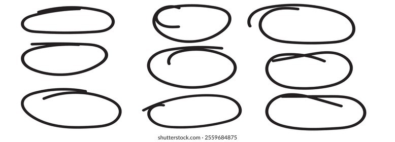 Set of hand drawn doodle ellipses. Scribble ovals and bubbles to circle and highlight text. Collection of different brush drawn black circles. Marker round elements isolated on white background. 333