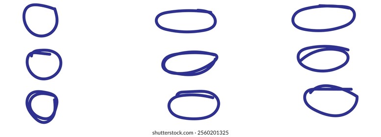 Set of hand drawn doodle ellipses. Scribble ovals and bubbles to circle and highlight text. Collection of different brush drawn black circles. Marker round.
